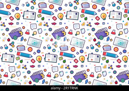 Retour à l'école patter sans couture avec des outils de doodle: Stylo, livres ouverts, manuels et icônes de la science. Contexte du modèle d'éléments de formation. Conce d'apprentissage Illustration de Vecteur
