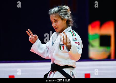 Doha, Qatar, 8 mai 2023. Odette Giuffrida, d'Italie, célèbre la victoire dans le match féminin de la médaille de bronze -52kg lors des Championnats du monde de judo 2023 - jour 2 à Doha, Qatar. 8 mai 2023. Crédit : Nikola Krstic/Alay Banque D'Images