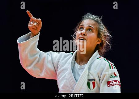 Doha, Qatar, 8 mai 2023. Odette Giuffrida, d'Italie, célèbre la victoire dans le match féminin de la médaille de bronze -52kg lors des Championnats du monde de judo 2023 - jour 2 à Doha, Qatar. 8 mai 2023. Crédit : Nikola Krstic/Alay Banque D'Images