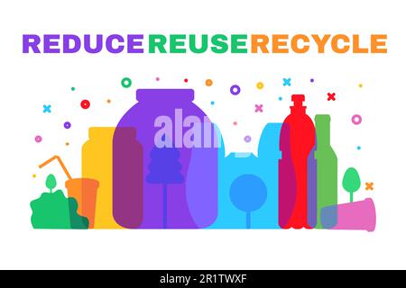 Risque de déchets plastiques. Pollution de la Terre et concept d'écoprotection. Arbres poussant dans des bouteilles en plastique, des canettes et des tasses. Modèle de réduction, de réutilisation et de recyclage Illustration de Vecteur