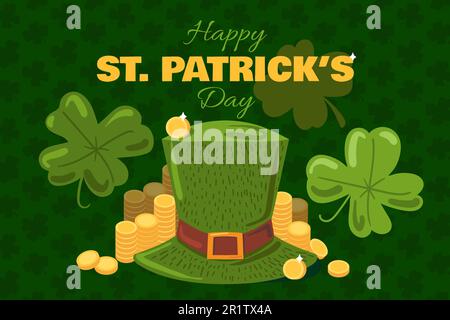 St. Bannière de bienvenue Patrick Day avec chapeau de lepretchun irlandais, symboles de trèfle, pièce de monnaie en or et texte. Vecteur Illustration de Vecteur
