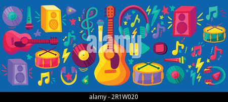 Ensemble d'autocollants plats pour festival de musique. Guitare, batterie, collection de disques dessinés à la main. Patchs de dessin animé Illustration de Vecteur