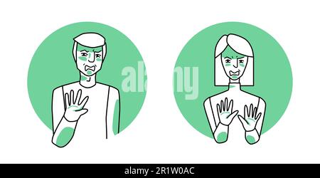 Homme et femme avec émotion des icônes de cercle dégoût, expression faciale avec les mains. Les gens dégoûtés exprimant leur sentiment de révulsion négatif avec ge Illustration de Vecteur