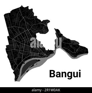 Bangui, République centrafricaine. Carte détaillée noire de la zone administrative de la ville de Bangui. Vue sur l'aria métropolitain avec affiche CityScape. Terre noire avec Illustration de Vecteur