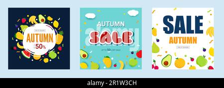Bannières de mise en place - solde automne. Bannière lumineuse sur fond de couleur avec fruits. Illustration vectorielle style plat. Modèle de mise en page. Illustration de Vecteur