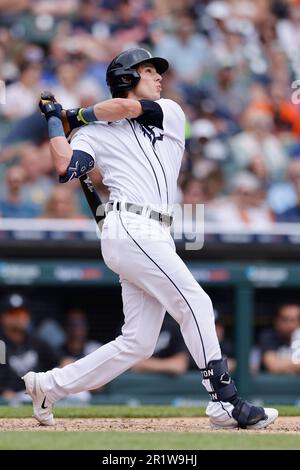 DETROIT, mi - les Tigers de Détroit ont désigné le batteur Nick Maton (9) lors d'un match de baseball de la Ligue majeure contre les Mariners de Seattle le 13 mai 2023 au Comerica Park à Détroit. (Photo de Joe Robbins/image du sport) Banque D'Images