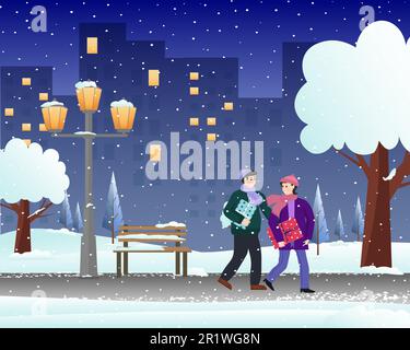 Un homme et une fille marchent dans le parc de la ville avec des cadeaux. Paysage de Noël d'hiver. Lanternes et banc, immeubles urbains de haute hauteur. Illustration de Vecteur
