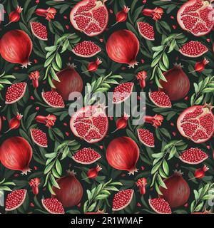 Motif aquarelle sans couture avec graines de grenade, fleurs et feuilles isolées. Moitié et une tranche de grenade. Bio, réaliste et savoureux, dessiné à la main Banque D'Images