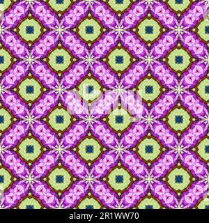 Motif sans couture, répétition de motifs géométriques et organiques avec éléments printaniers de l'été, fond abstrait rose violet vert. Banque D'Images