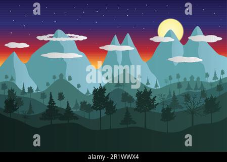 Paysage de montagne la nuit en illustration vectorielle. Arbres et sommets de montagne avec des nuages, ciel étoilé et lune en arrière-plan. Illustration de Vecteur