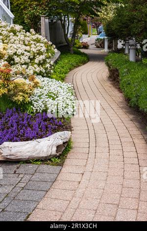 Magnifique jardin d'été avec un passage sinueux. Chemin menant à travers un jardin. Personne, photo de rue Banque D'Images