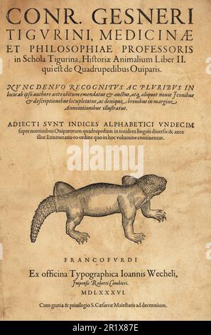 Page de titre au volume ovipare QUADRUPEDS avec vignette d'une espèce fantaisiste de crocodile, Crocodilo Teranetro, Aegyptico vel Arabico. Gravure sur bois d'après une illustration de Lucas Schan et Conrad Gessner de l'Histoire de Conrad Gessner, Quadrupedibus Oviparis (Histoire naturelle des animaux : quadrupèdes ovipares), Francfort, Wechel pour Cambier, 1586. Banque D'Images