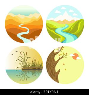 Paysages d'automne et de printemps ou d'été et icônes de la nature isolées Illustration de Vecteur