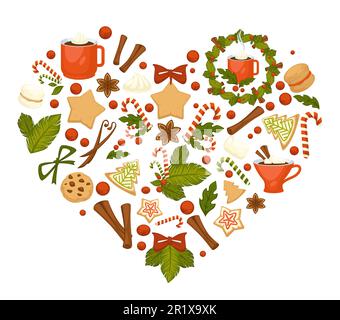 Cacao et thé, biscuits et bonbons de Noël, symboles des fêtes d'hiver Illustration de Vecteur