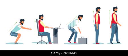 Posture et colonne vertébrale saine, position assise correcte au bureau, conseils ergonomiques Illustration de Vecteur