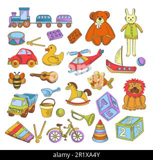 Jouets icônes isolées, jeux de puériculture maternelle, train et ours Illustration de Vecteur