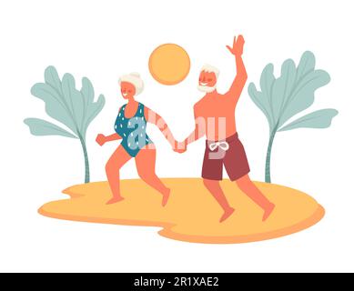 Couple de personnes âgées sur la plage en vacances d'été, en vacances de retraite Illustration de Vecteur