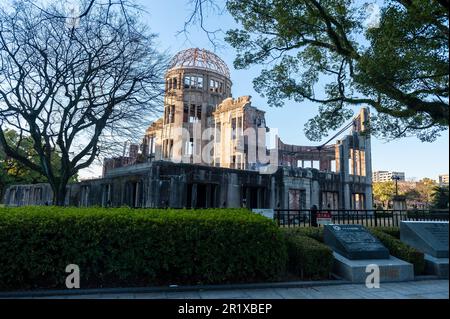 Hisoshima, Japon - 1 janvier 2020. Gros plan du mémorial de la paix d'Hiroshima, ou dôme atomique, le jour du nouvel an. Banque D'Images