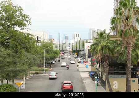 Mexique, San Pedro Garza Garcia - 26 août 2022: Rue de la ville avec des voitures modernes, des bâtiments et des palmiers Banque D'Images