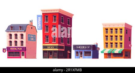 Ensemble de dessins animés de bâtiments de ville isolés sur fond blanc. Illustration vectorielle de maisons d'appartements, pub, café, librairie, façades d'épiceries, modèle de bannière publicitaire sur le mur. Constructeur de rue de ville Illustration de Vecteur