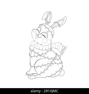 Adorable lapin pour livre de coloriage. Lapin de Noël avec guirlande. Page de couleur noir et blanc. Illustration du contour du vecteur isolé. Éducation des enfants Illustration de Vecteur