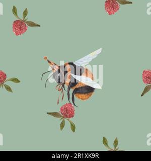 motif aquarelle sans couture bourdons volant et fleurs de trèfle. un bourdon dans une casquette de fête portant une fleur. joli motif pour les enfants. profitez-en. Banque D'Images