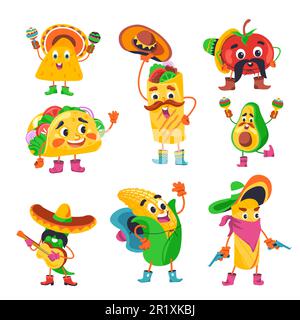 Personnages de cuisine mexicaine amusants, burrito et taco Illustration de Vecteur