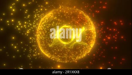 Lumière sphérique ronde jaune orange abstraite, brillante à partir de rayons d'énergie et d'ondes magiques de particules et de points, arrière-plan abstrait. Banque D'Images