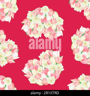 Aquarelle représentant de magnifiques tulipes roses et blanches en forme de cœur sur fond de mogenta. Fleurs de luxe dessinées à la main. Haute qualité Banque D'Images