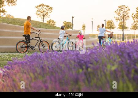 Jeune famille avec deux enfants avec des vélos à pied dans un parc au coucher du soleil Banque D'Images