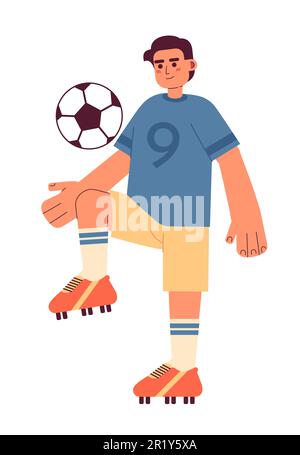 Un jeune footballeur brésilien qui donne un coup de pied au ballon de football est un personnage vectoriel coloré semi-plat Illustration de Vecteur