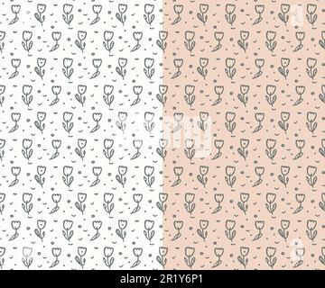 Motif enfant sans coutures tulipe à fleurs. Illustration des traits de pinceau à encre dessinés à la main, éléments isolés de contour. Joli motif enfant. Transparent Illustration de Vecteur