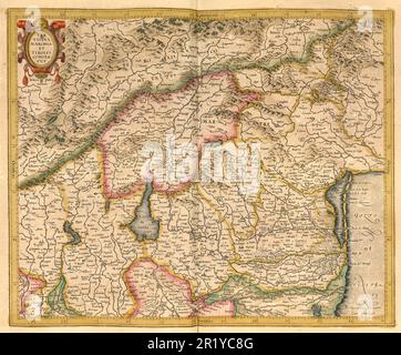 Atlas, carte de 1623, Tyrol, Émilie-Romagne, Vénétie, Italie, reproduction numériquement restaurée à partir d'une gravure de Gerhard Mercator, né sous le nom de Gheert Cremer, 5 mars 1512 - 2 décembre 1594, géographe et cartographe / Landkarte aus dem Jahre 1623, Tirol, Émilie-Romagne, Venetien, Italien, Digital restaurierte Reproduktion von einem Kupferstich von Gerhard Mercator, geboren als Gheert Cremer, 5. März 1512 - 2. Dezember 1594, Geograph und Kartograf Banque D'Images