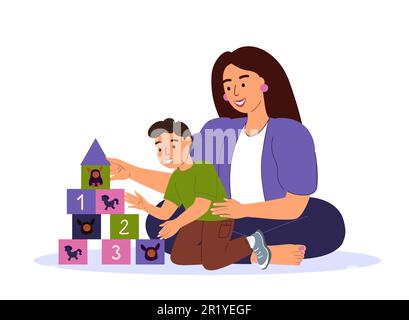 Happy Smiling Family jouant cubes Bricks jeu.Jeune adulte parent.mère,maman communiquant avec bébé enfant Kid fils.Boy,enfants,Caring Babysitter.HAV Banque D'Images