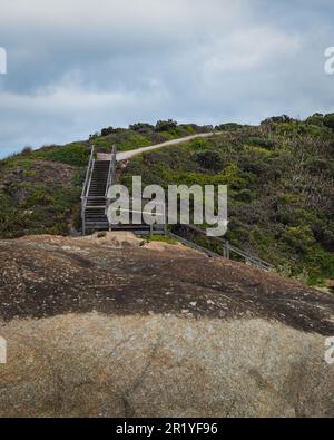 Un escalier en bois sur la colline verte. Banque D'Images