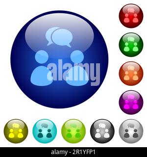 Deux personnes qui parlent avec des bulles ovales icônes pleines sur des boutons ronds en verre dans plusieurs couleurs. Structure de calque organisée Illustration de Vecteur