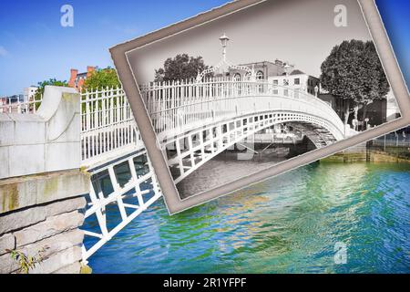 Le pont le plus célèbre de Dublin appelé 'demi-pont de penny' - Vintage carte postale concept Banque D'Images