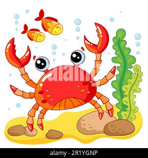 Crabe de bande joyeuse au fond de l'océan. Thème marin. Pour la conception d'imprimés, d'affiches, de cartes, d'autocollants, de puzzles et ainsi de suite pour les enfants. Vecteur Illustration de Vecteur