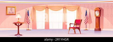 Bureau ovale dans la maison blanche. Vector caricature intérieur vide de l'armoire américaine presedent avec meubles vintage, chaise en cuir, horloge en bois rétro, drapeaux des Etats-Unis et lampe de table Illustration de Vecteur