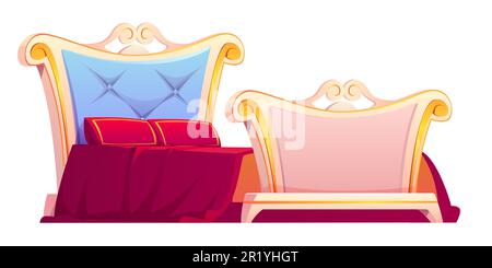 Lit royal avec couverture et oreillers rouges. Illustration vectorielle représentant de vieux meubles de chambre à coucher, un lieu de couchage doré vintage pour une maison de luxe ou un intérieur d'hôtel isolé sur fond blanc Illustration de Vecteur