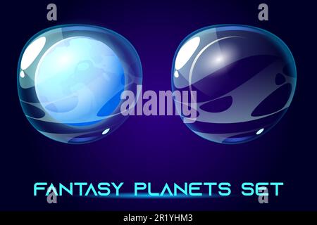 Fantasy space planètes set pour le jeu de galaxie ui. Icônes de dessins animés vectoriels du monde extraterrestre, objets cosmiques avec noyau de sphère solide et enveloppe de bulle transparente sur fond bleu, collection d'astronomie Illustration de Vecteur