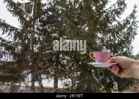 Café turc bu dans le jardin enneigé. Banque D'Images