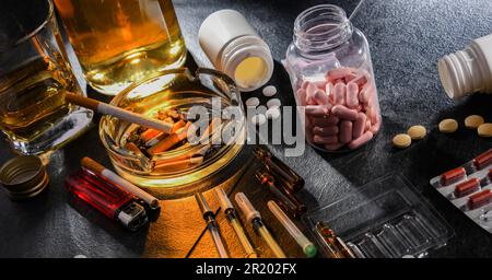 Les substances addictives, y compris l'alcool, les cigarettes et les drogues Banque D'Images