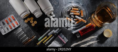 Les substances addictives, y compris l'alcool, les cigarettes et les drogues Banque D'Images