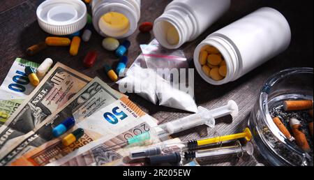 Substances addictives, y compris les cigarettes et les drogues Banque D'Images