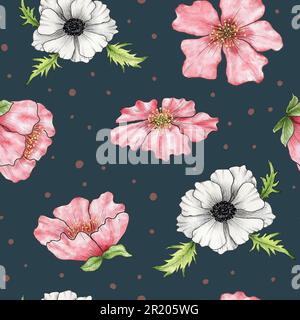 Motif floral aquarelle. Motif sans couture avec fleurs de cerisier chinois. Illustration de la fleur de cerisier dessinée à la main. Arrière-plan bleu foncé. Banque D'Images