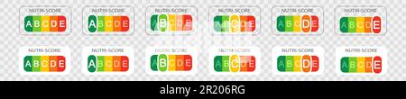 Étiquettes Nutri-Score avec lettres de classification sur fond transparent. Qualité nutritionnelle des aliments autocollants utilisés dans le système d'évaluation des produits en Europe. Illustration vectorielle plate Illustration de Vecteur