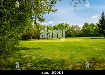 Parcours de golf situé dans le parc Bazantarnia à Siemianowice, Silésie, Pologne. Pelouse parfaitement coupée entourée d'arbres verts et frais. Ensoleillé, jour de printemps Banque D'Images