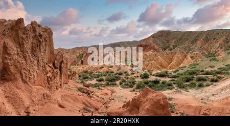 Paysage du Fairytale Canyon, formation rocheuse unique située au Kirghizistan. Canyon est connu pour ses formations rocheuses inhabituelles et colorées, qui ont b Banque D'Images