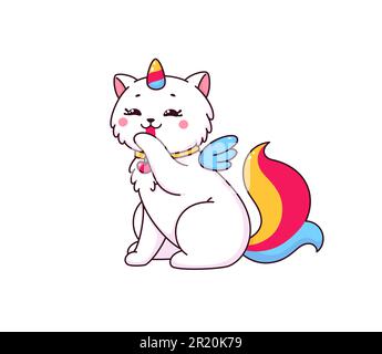 Adorable personnage de caticorne de dessin animé avec corne de licorne arc-en-ciel et queue qui léchant sa patte. Vector magie chat ou doux chaton blanc personnage se nettoyant avec la langue. Émoticône animal de compagnie kawaii caticorne Illustration de Vecteur